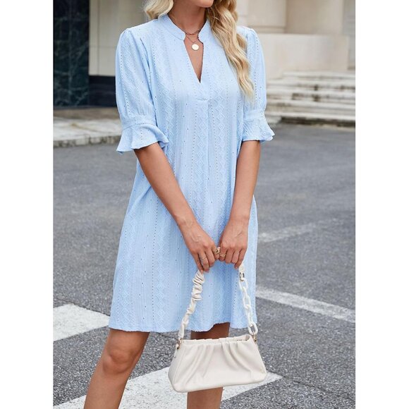 Women's Polyester V-Neck Short Sleeve Dress Flowy Casual Summer Wear - Picture 2 of 7